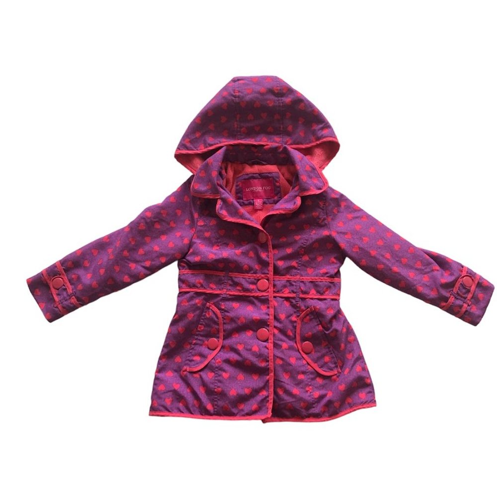 London Fog Hooded Fleece Lined Girls Coat Full Zip Purple with Pink Hearts Sze 5 - Picture 1 of 14